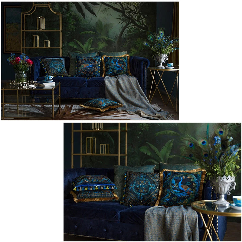 Luxury 18x18in Royal Peacock Velvet Throw Pillow Covers Sofa Bed Cushion Covers