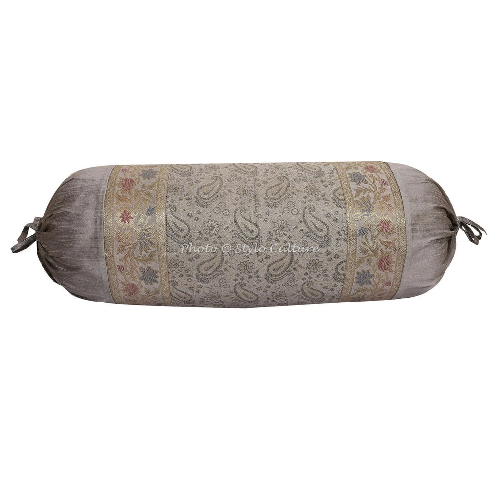 Indian Brocade Silk Round Bed Sofa Pillowcase Neck Bolster Cushion Cover Set