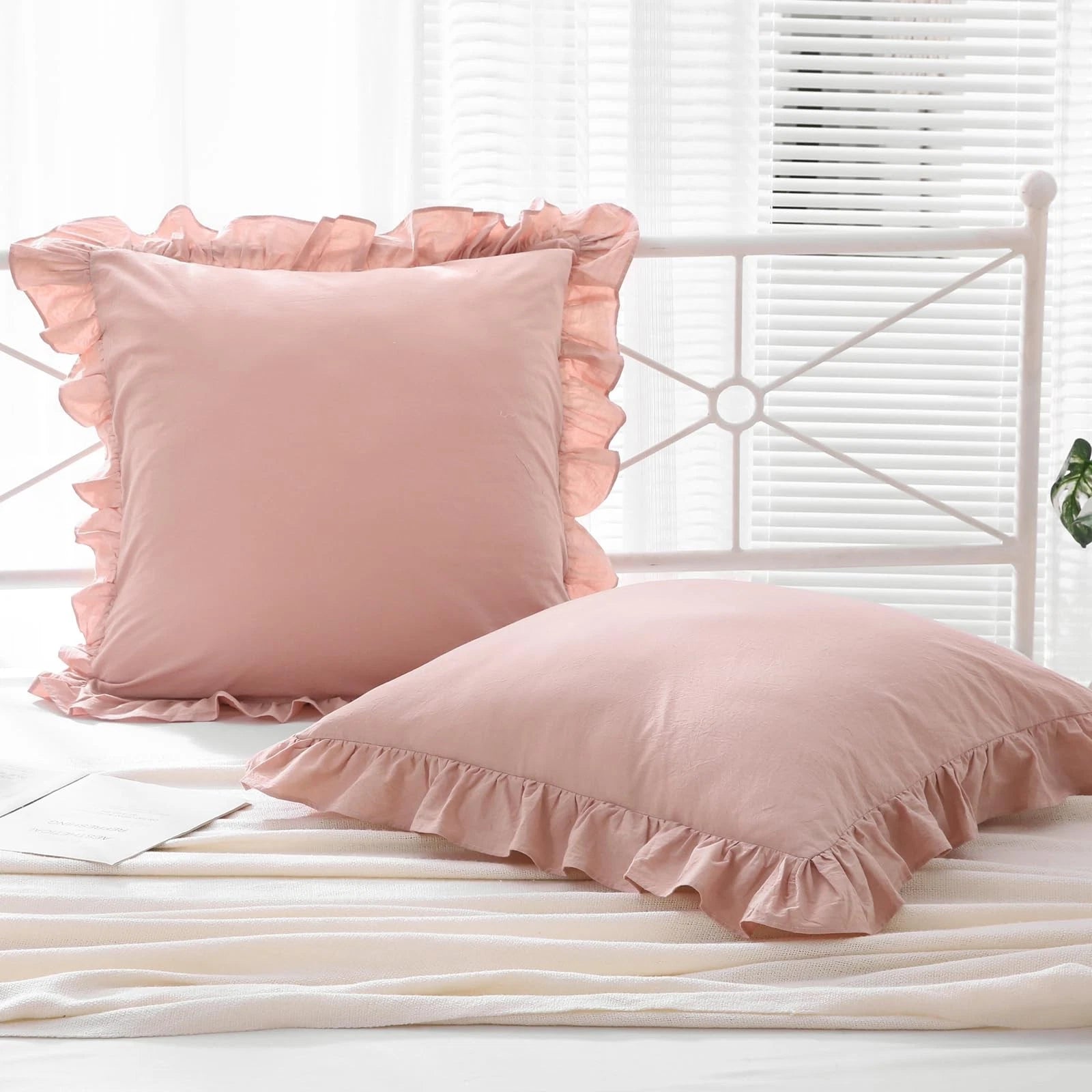 Ruffle Pillowcases Farmhouse Dusty Rose Throw Pillow Covers for Couch,Washed ...