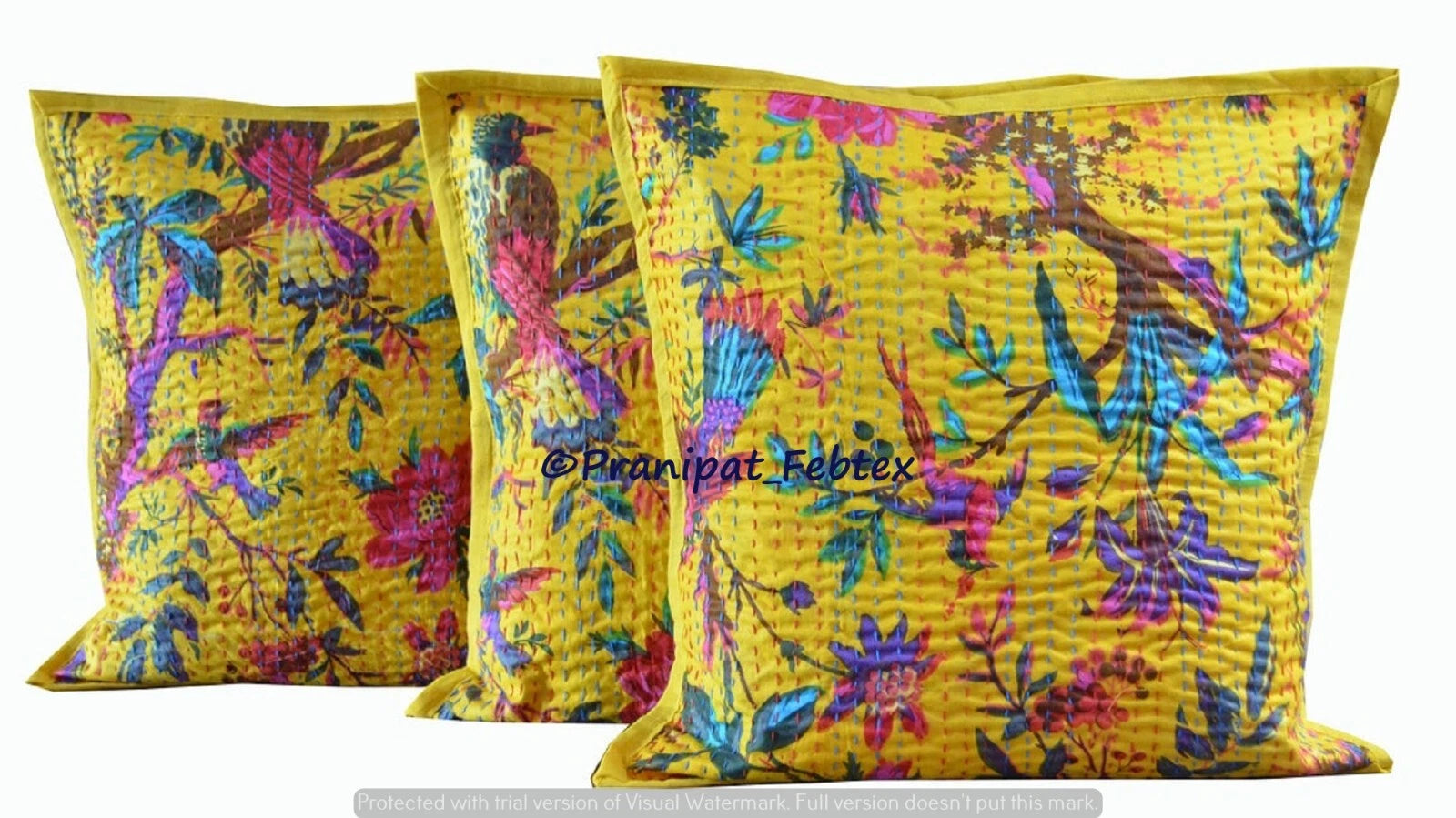 Set of 5 Yellow Bird Print Cotton Kantha Cushion Sham Square Sofa Pillow Cases