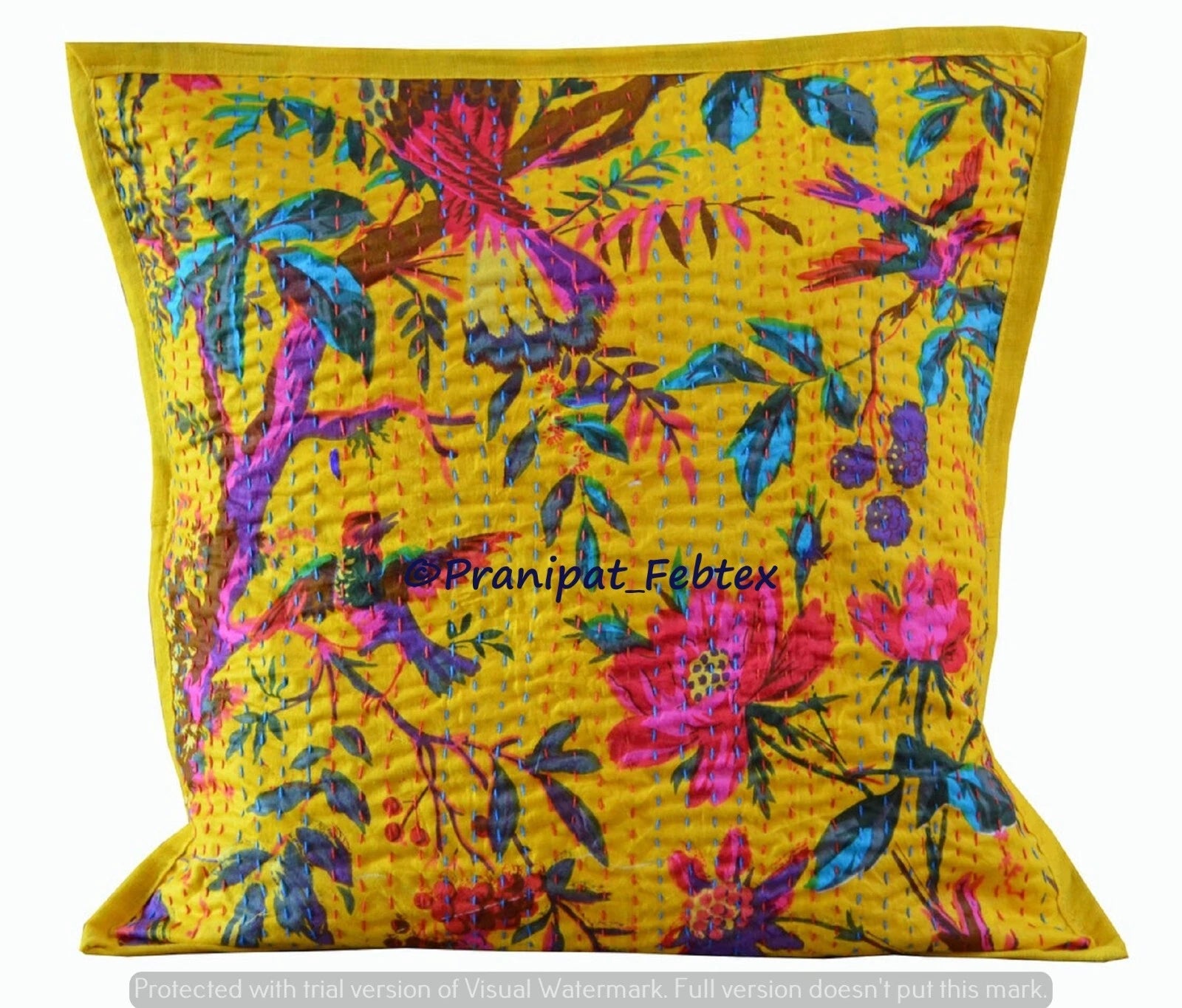 Set of 5 Yellow Bird Print Cotton Kantha Cushion Sham Square Sofa Pillow Cases