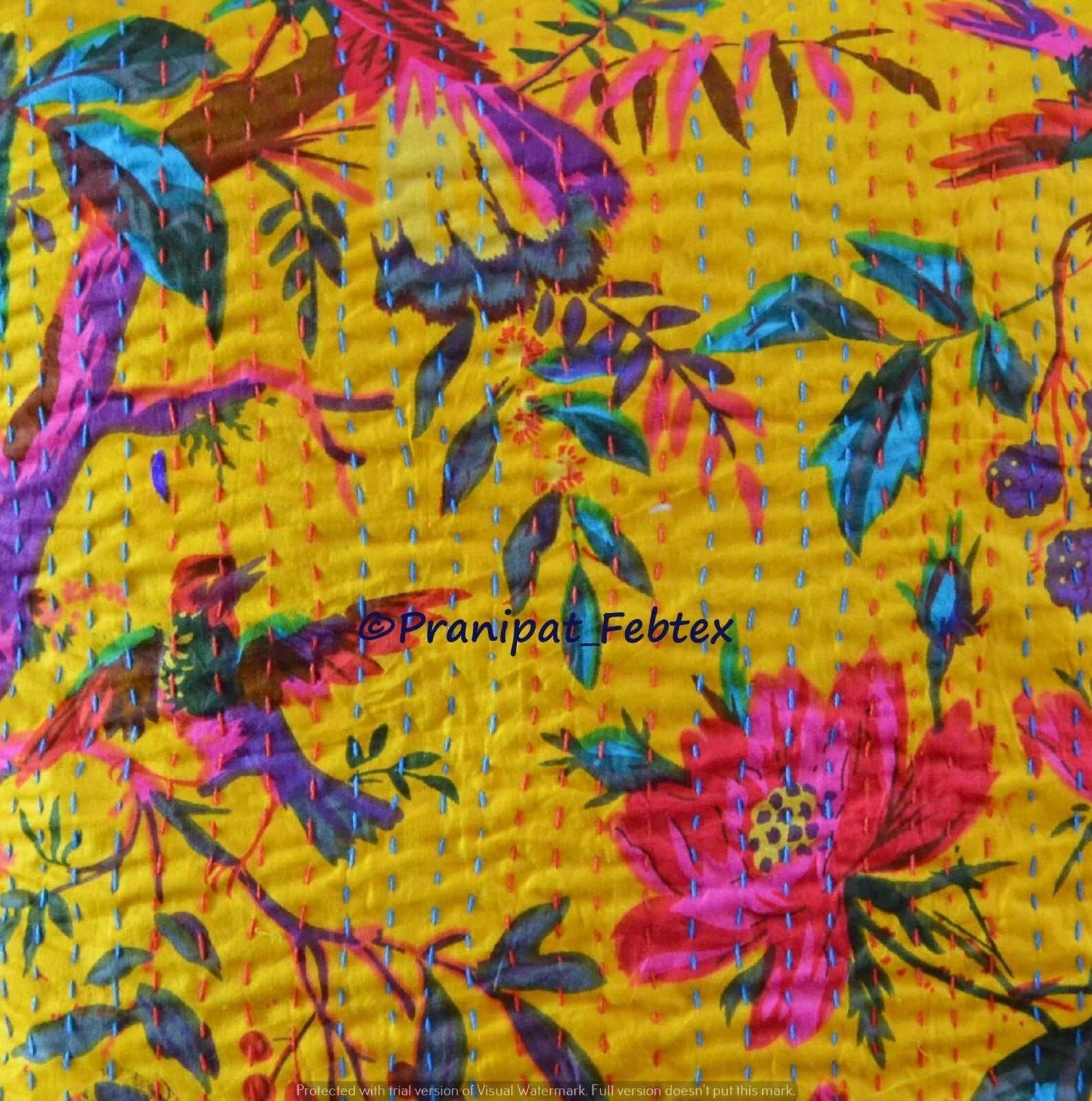 Set of 5 Yellow Bird Print Cotton Kantha Cushion Sham Square Sofa Pillow Cases
