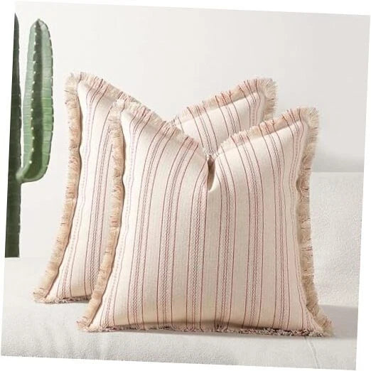 Set of 2 Canvas Sofa Couch Decor Pillow Covers 18x18 in, Bed Stripe Red