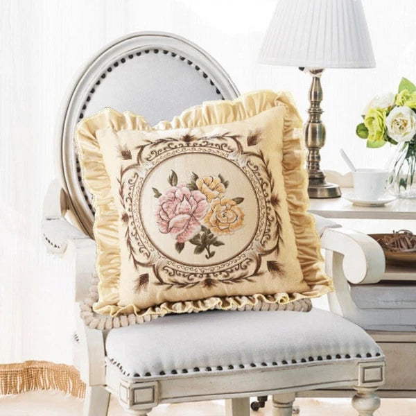 1X Chinese Retro Floral Embroidery Cushion Case Ruffle Trim Pillow Cover No Core
