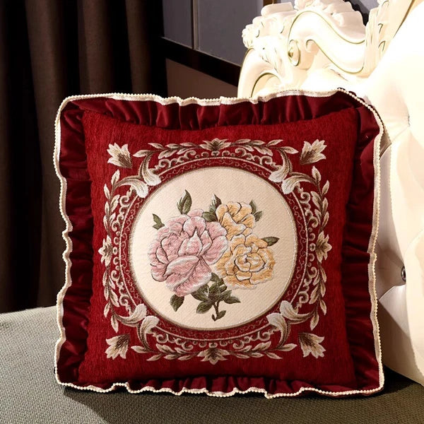 1X Chinese Retro Floral Embroidery Cushion Case Ruffle Trim Pillow Cover No Core