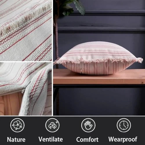 Set of 2 Canvas Sofa Couch Decor Pillow Covers 18x18 in, Bed Stripe Red