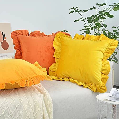 Velvet Ruffle Throw Pillow Covers Couch Set of 2 Decorative Pillowcases with ...