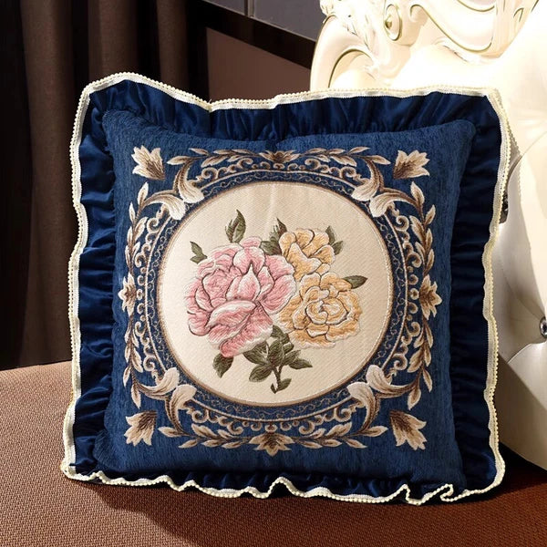 1X Chinese Retro Floral Embroidery Cushion Case Ruffle Trim Pillow Cover No Core
