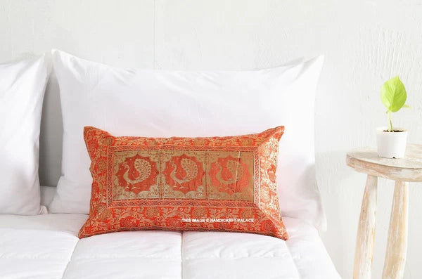 Indian Brocade Silk Cushion Cover Throw Peacock Bedding Sofa Pillow Case 12"x20"
