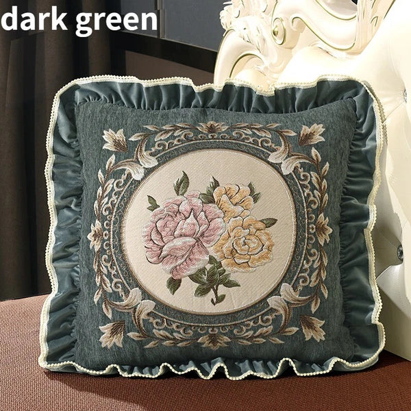 1X Chinese Retro Floral Embroidery Cushion Case Ruffle Trim Pillow Cover No Core